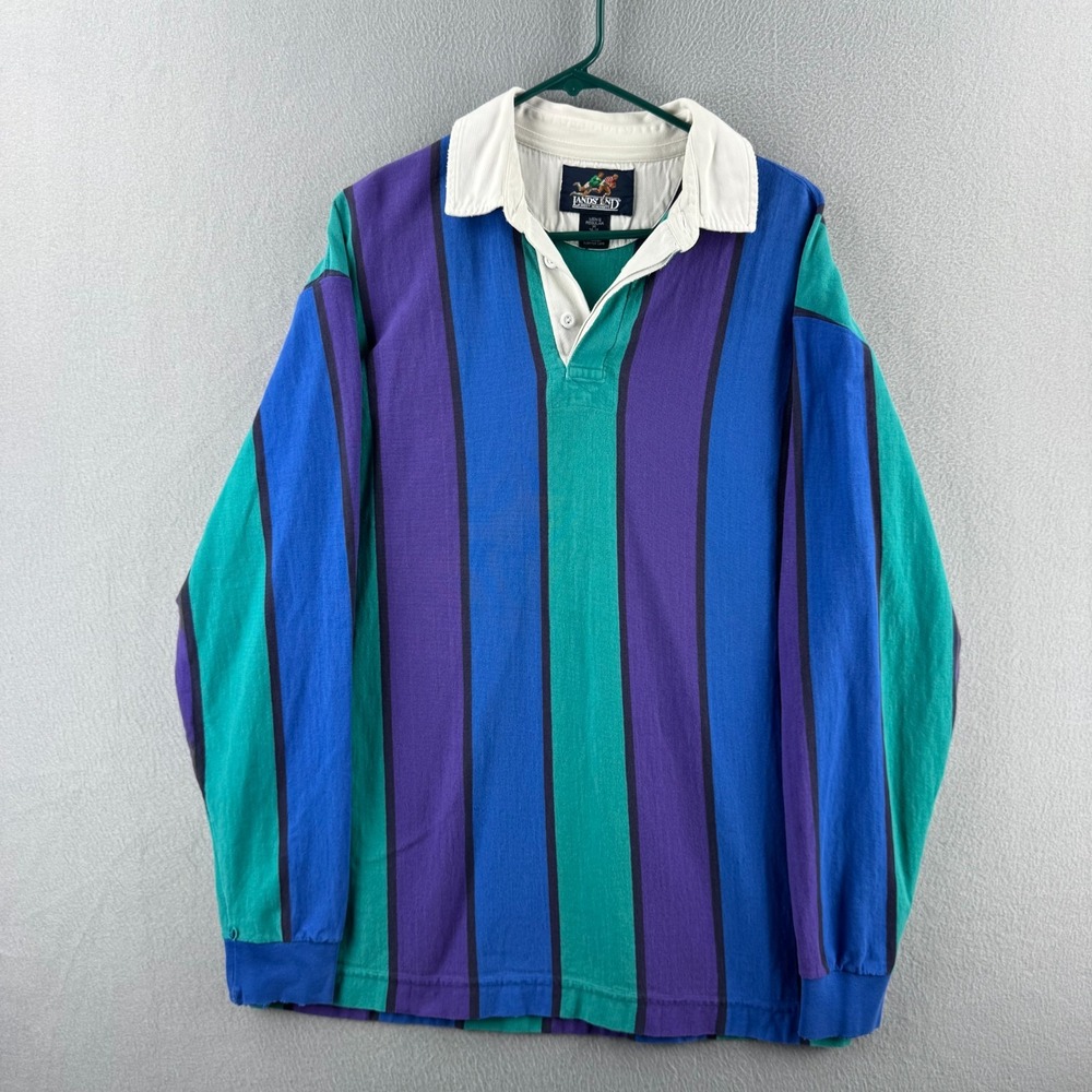 Vintage Lands End Rugby Shirt Mens Medium Blue Cotton 90s Long Sleeve Polo